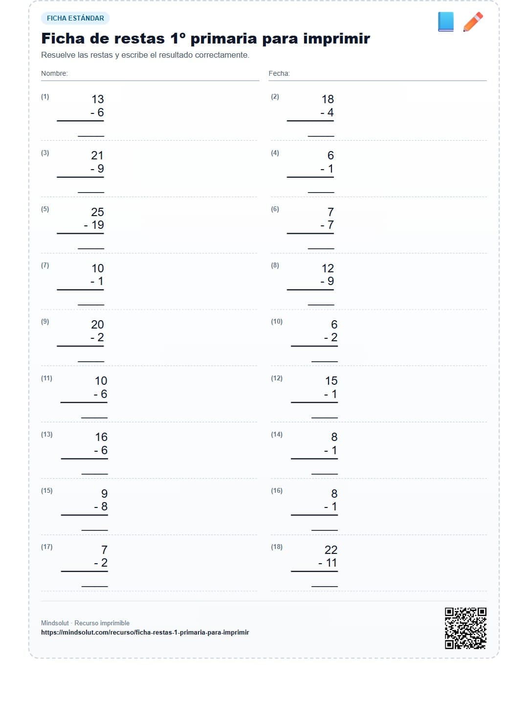 Ficha de restas 1º primaria para imprimir