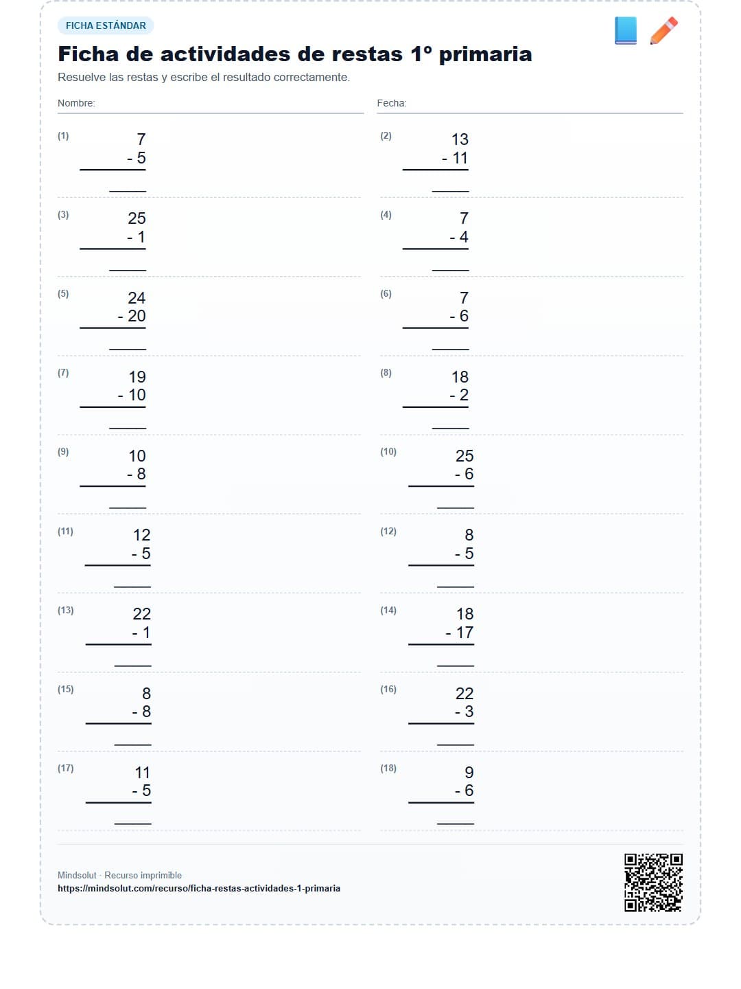 Ficha de actividades de restas 1º primaria