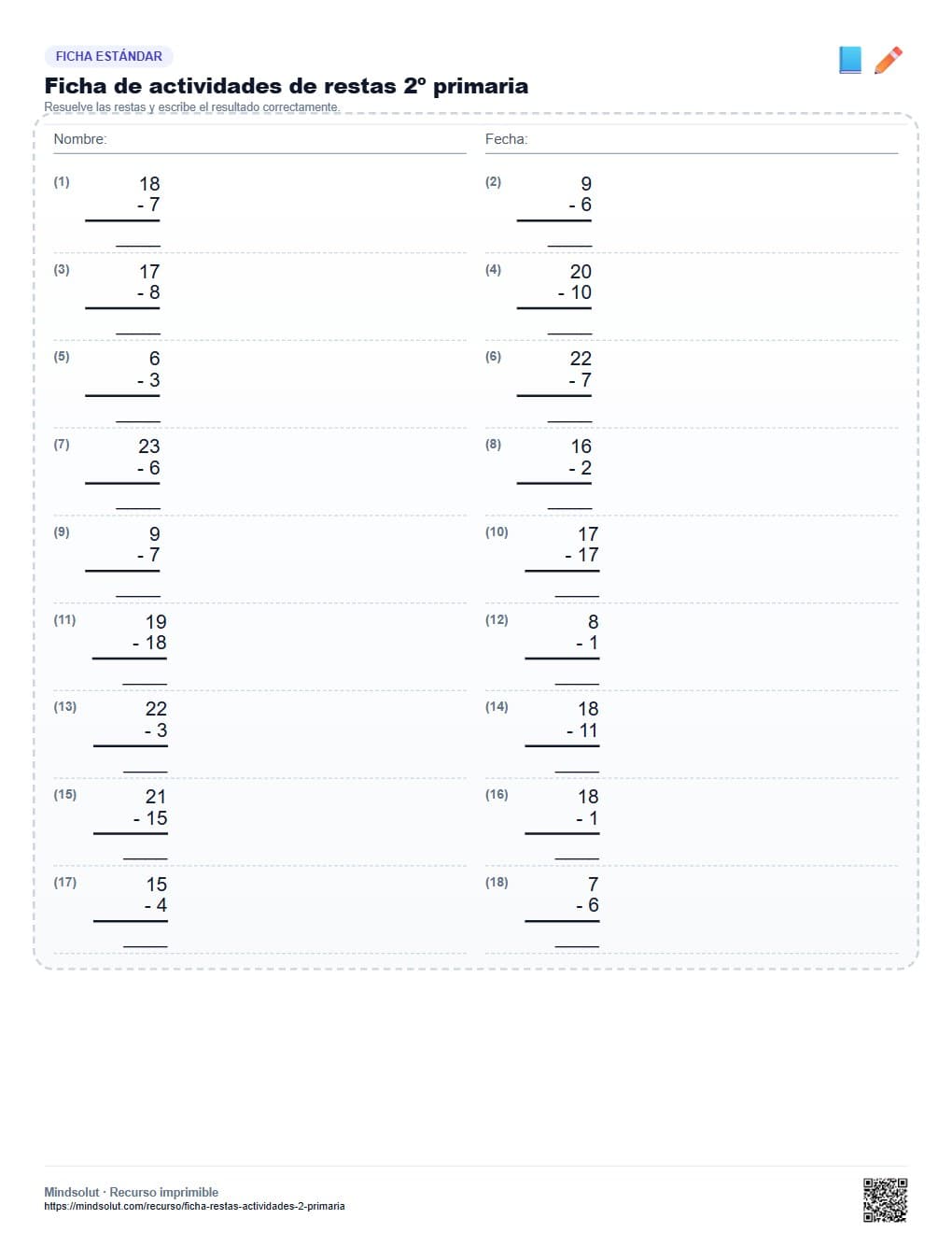 Ficha de actividades de restas 2º primaria