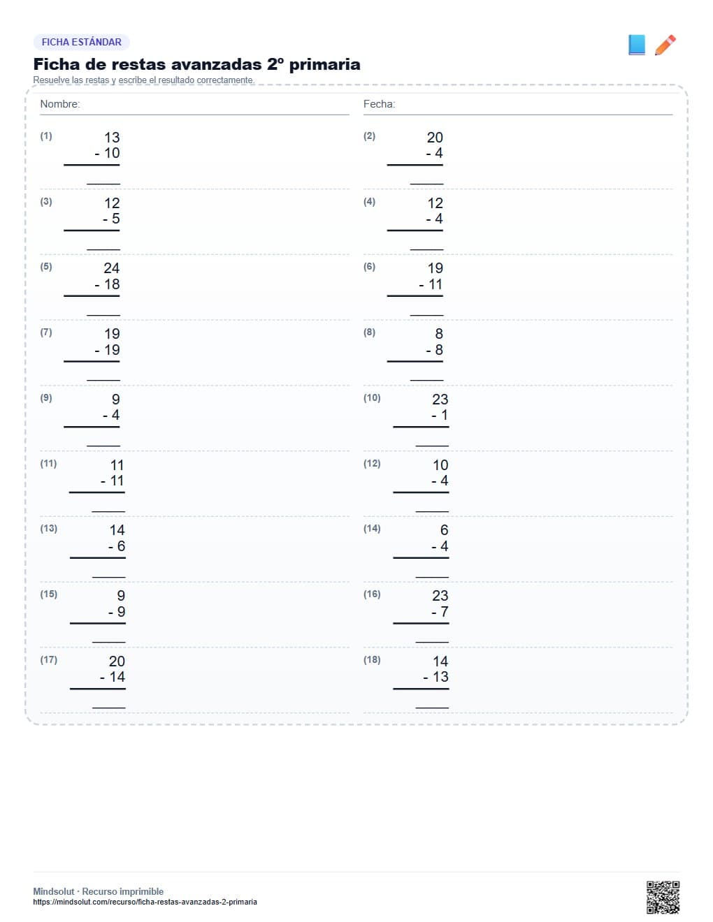 Ficha de restas avanzadas 2º primaria