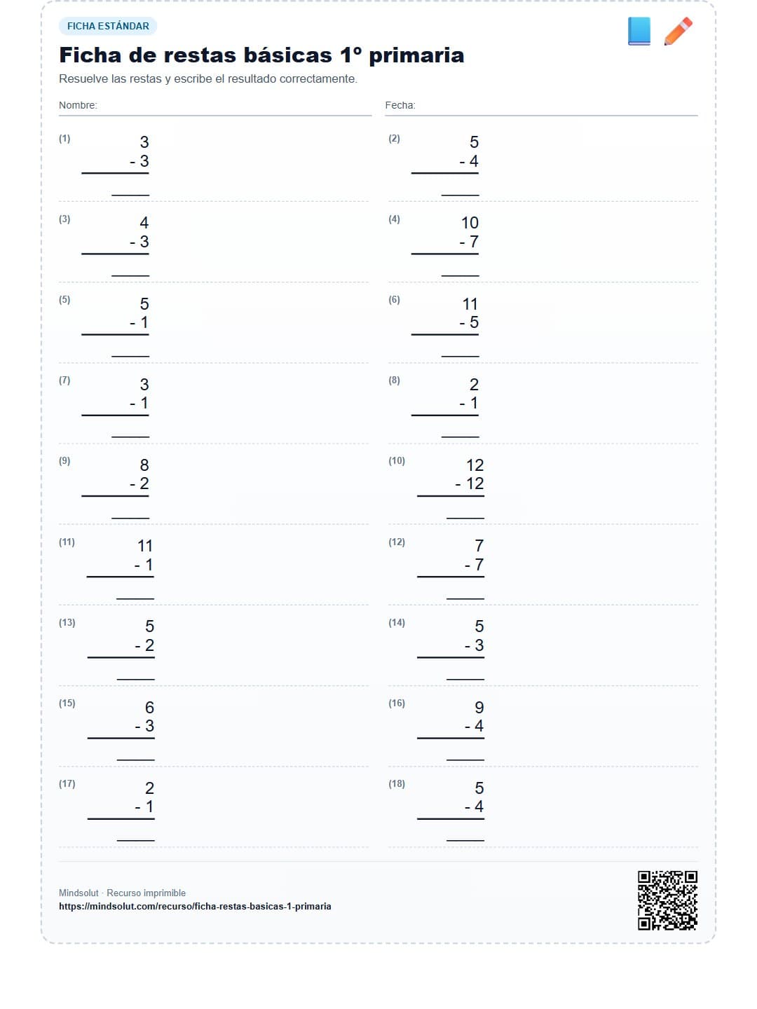 Ficha de restas básicas 1º primaria
