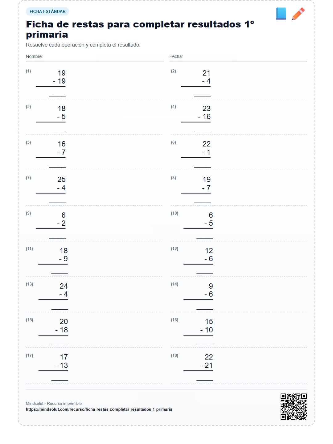 Ficha de restas para completar resultados 1º primaria