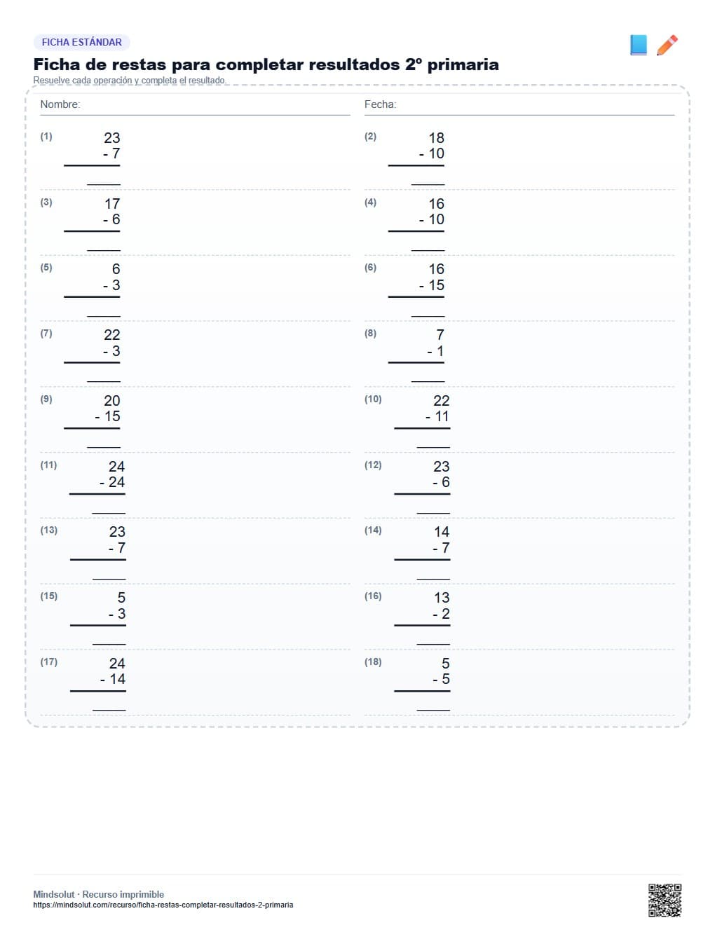 Ficha de restas para completar resultados 2º primaria