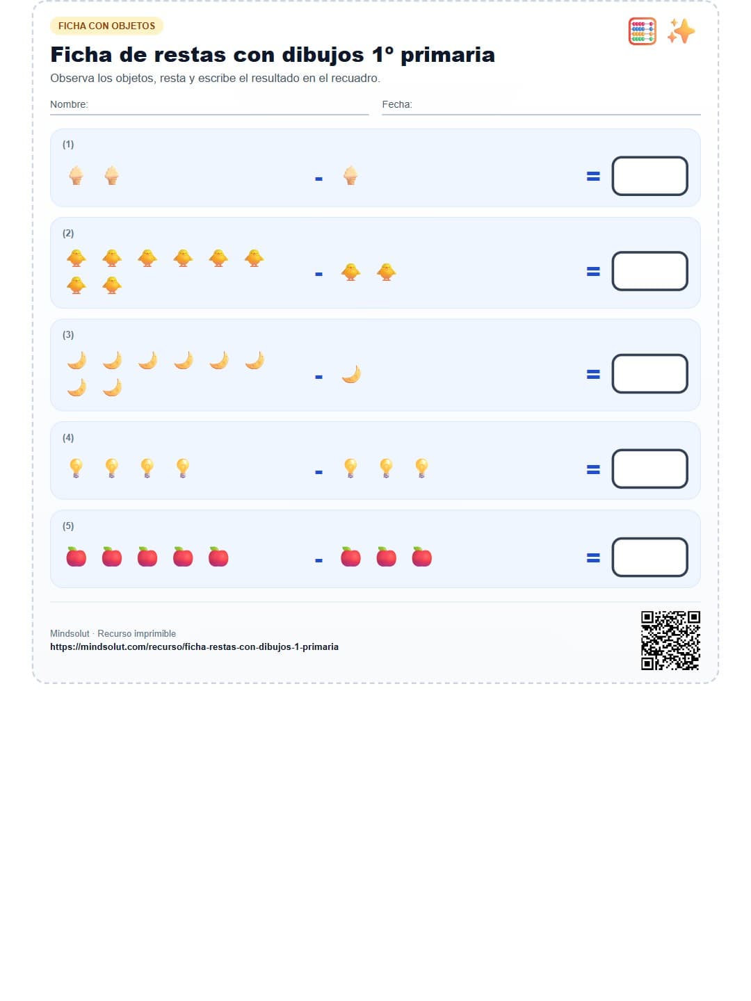 Ficha de restas con dibujos 1º primaria