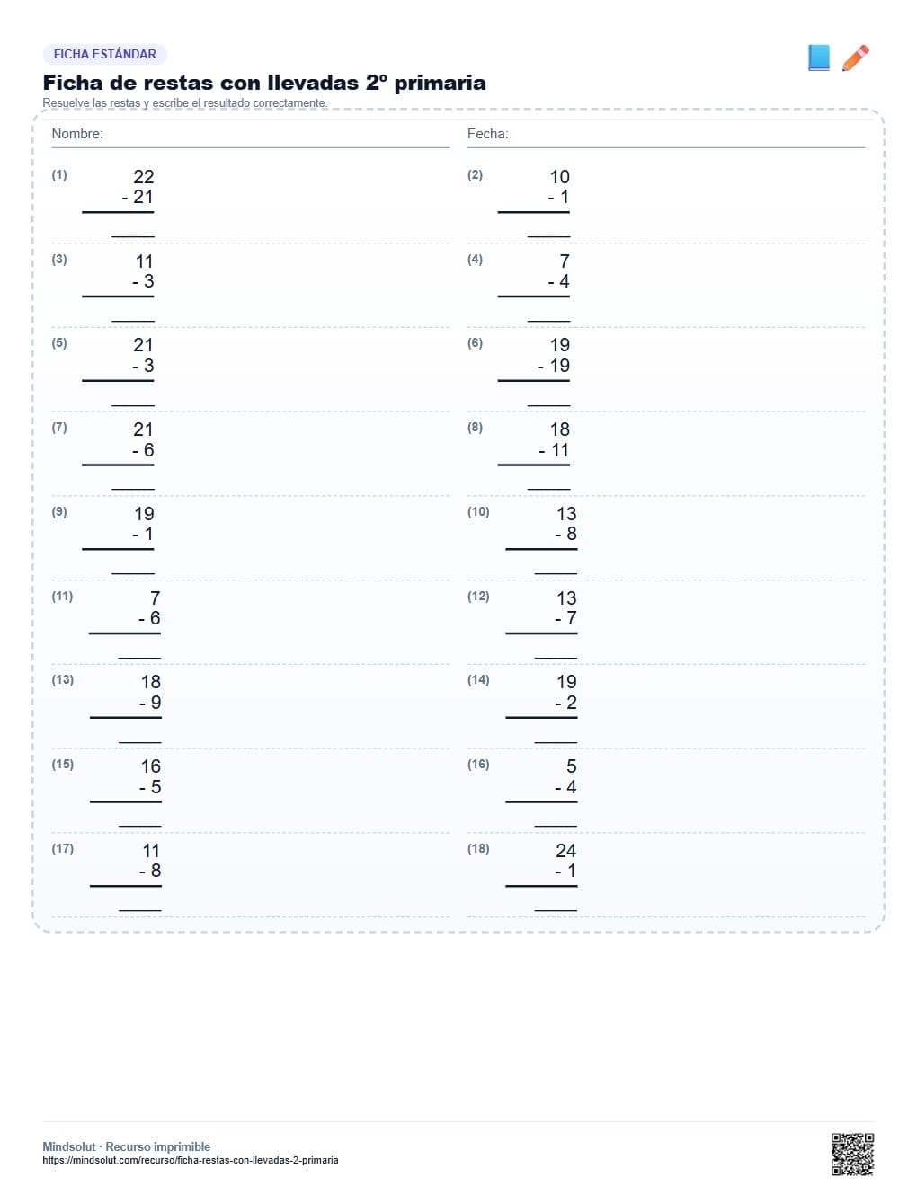 Ficha de restas con llevadas 2º primaria