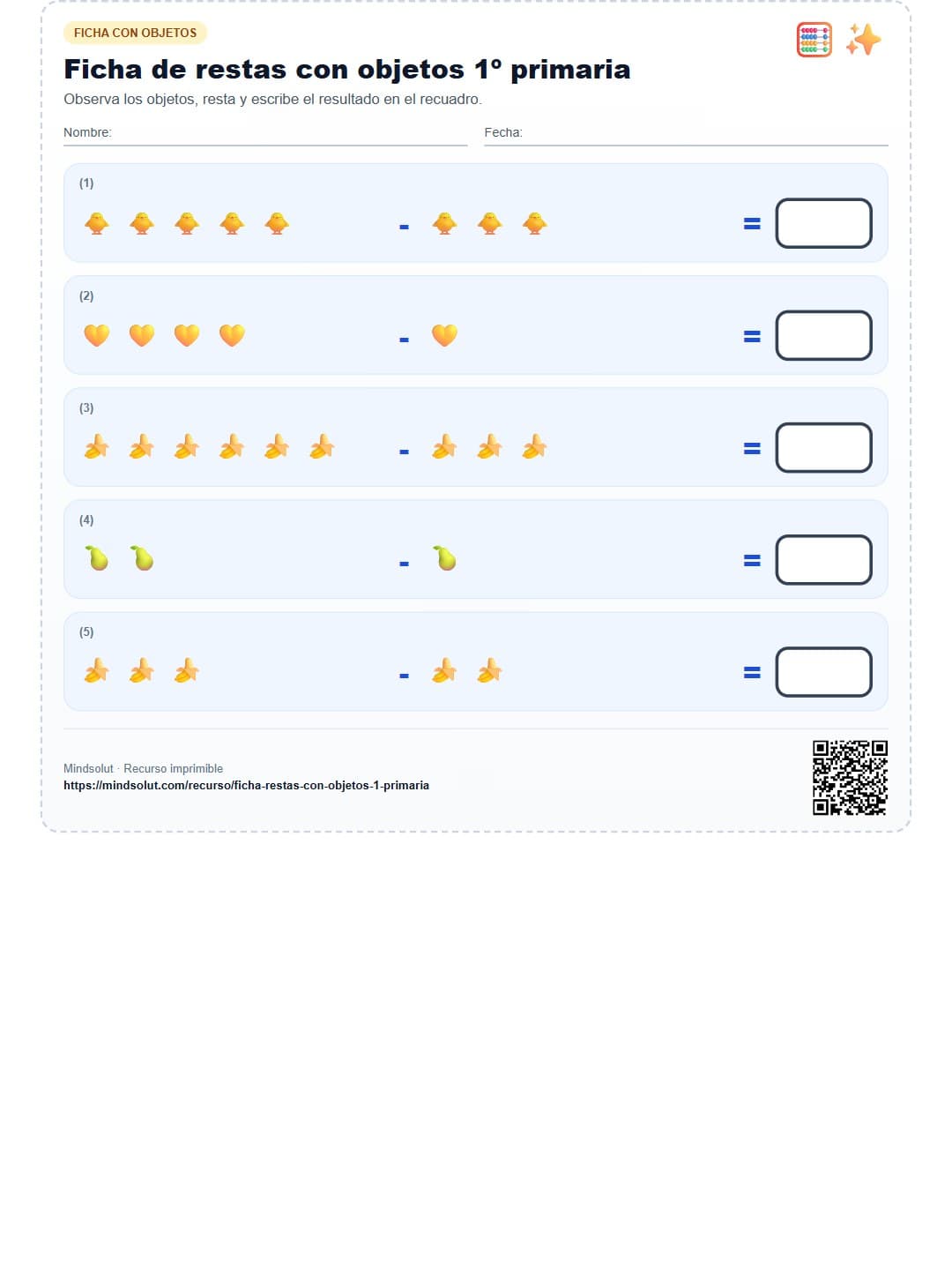 Ficha de restas con objetos 1º primaria