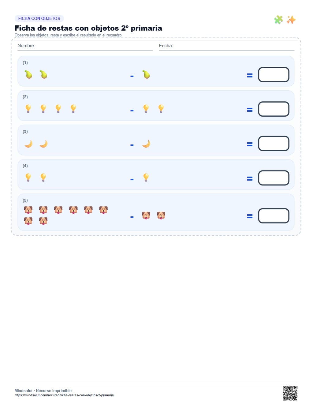 Ficha de restas con objetos 2º primaria