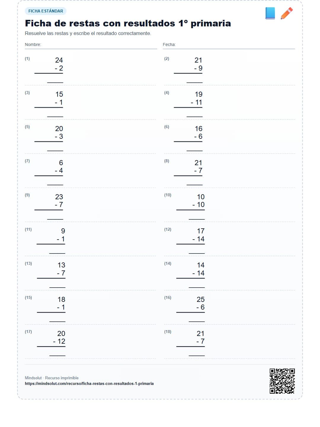 Ficha de restas con resultados 1º primaria
