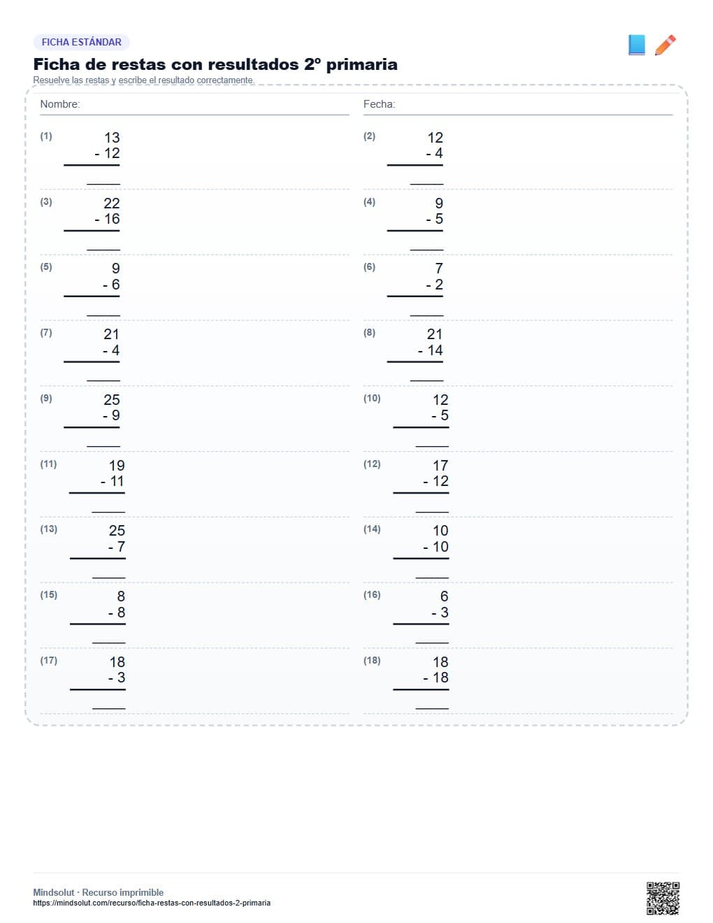 Ficha de restas con resultados 2º primaria