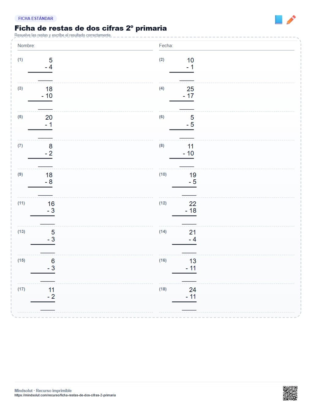 Ficha de restas de dos cifras 2º primaria