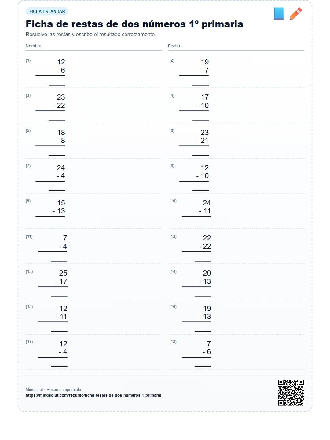 Ficha de restas de dos números 1º primaria