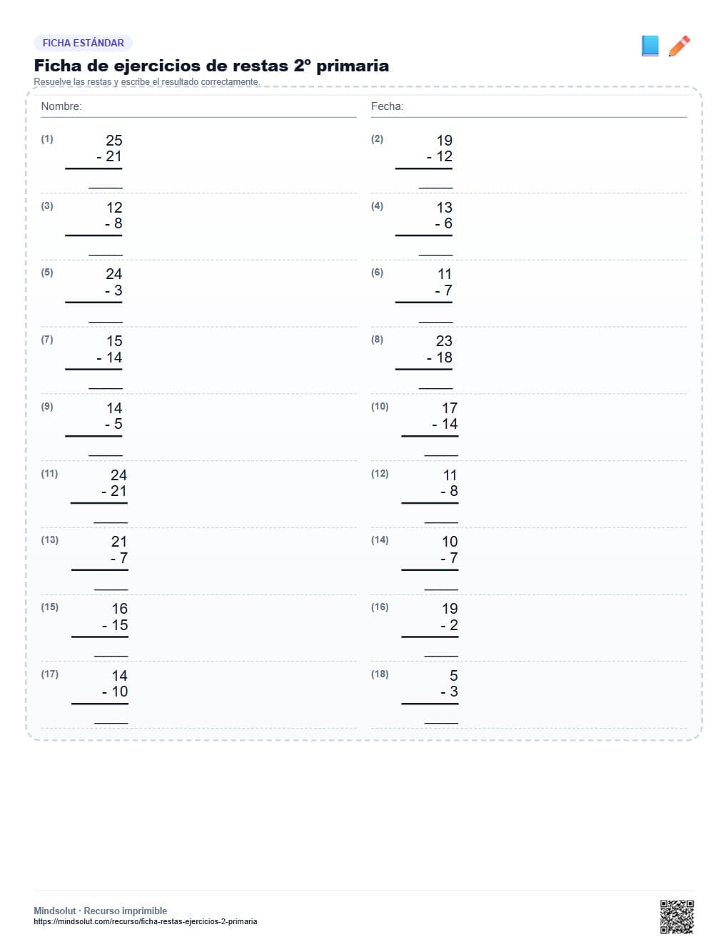 Ficha de ejercicios de restas 2º primaria