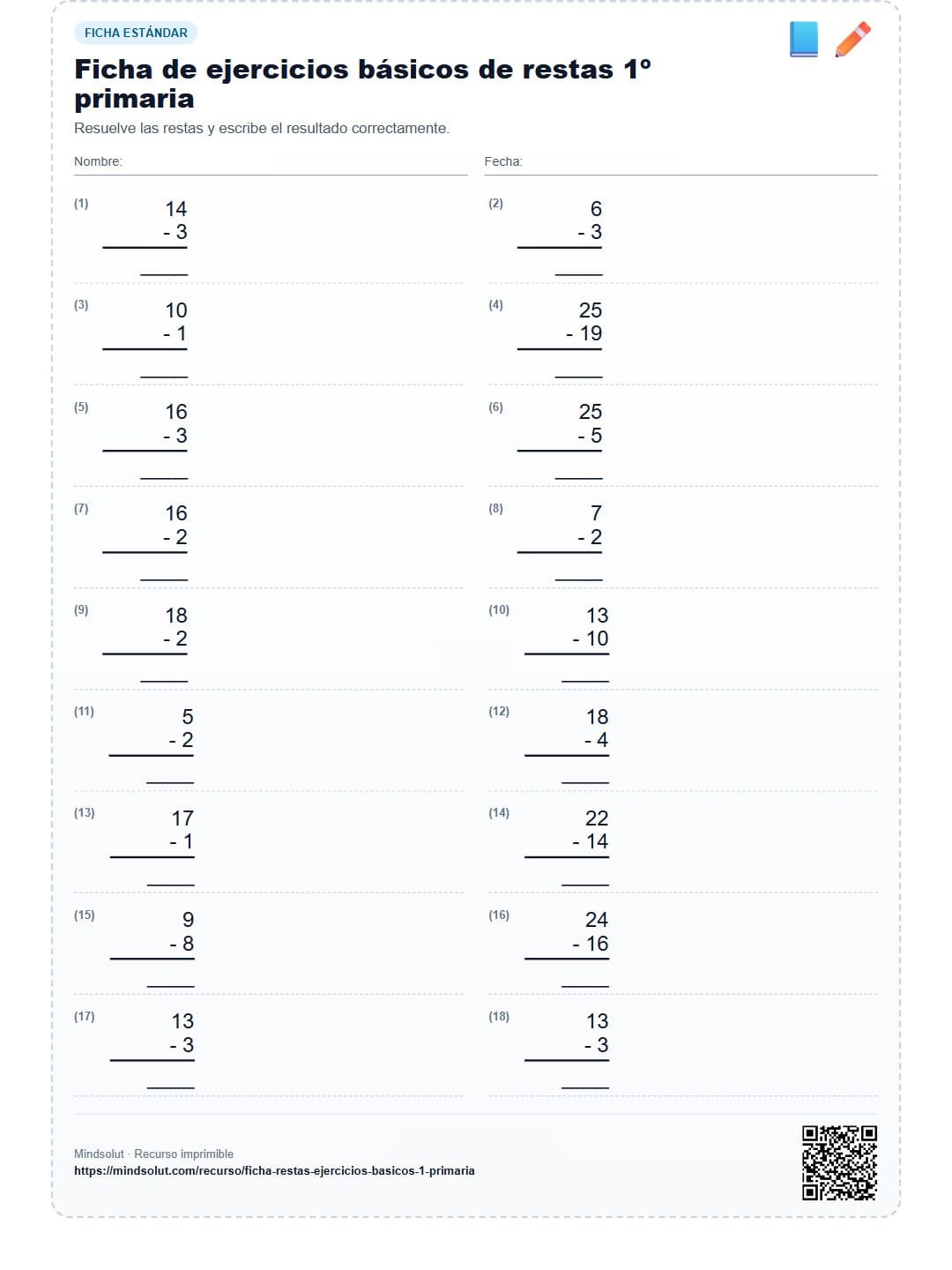 Ficha de ejercicios básicos de restas 1º primaria