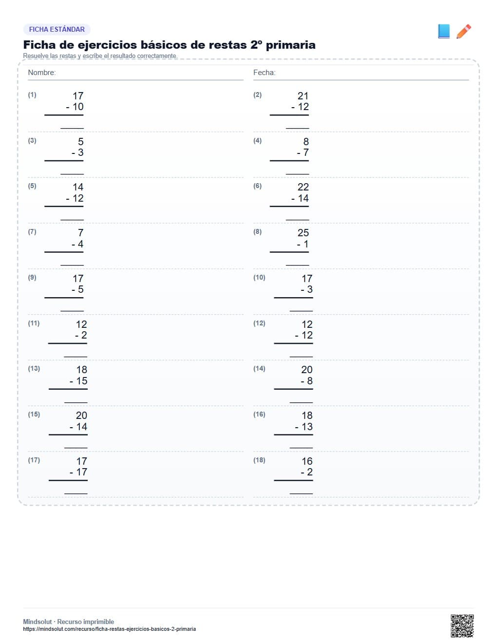 Ficha de ejercicios básicos de restas 2º primaria