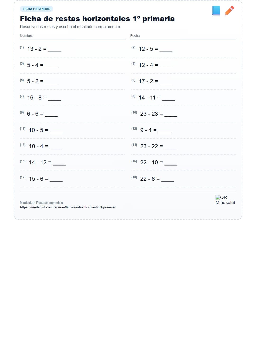 Ficha de restas horizontales 1º primaria