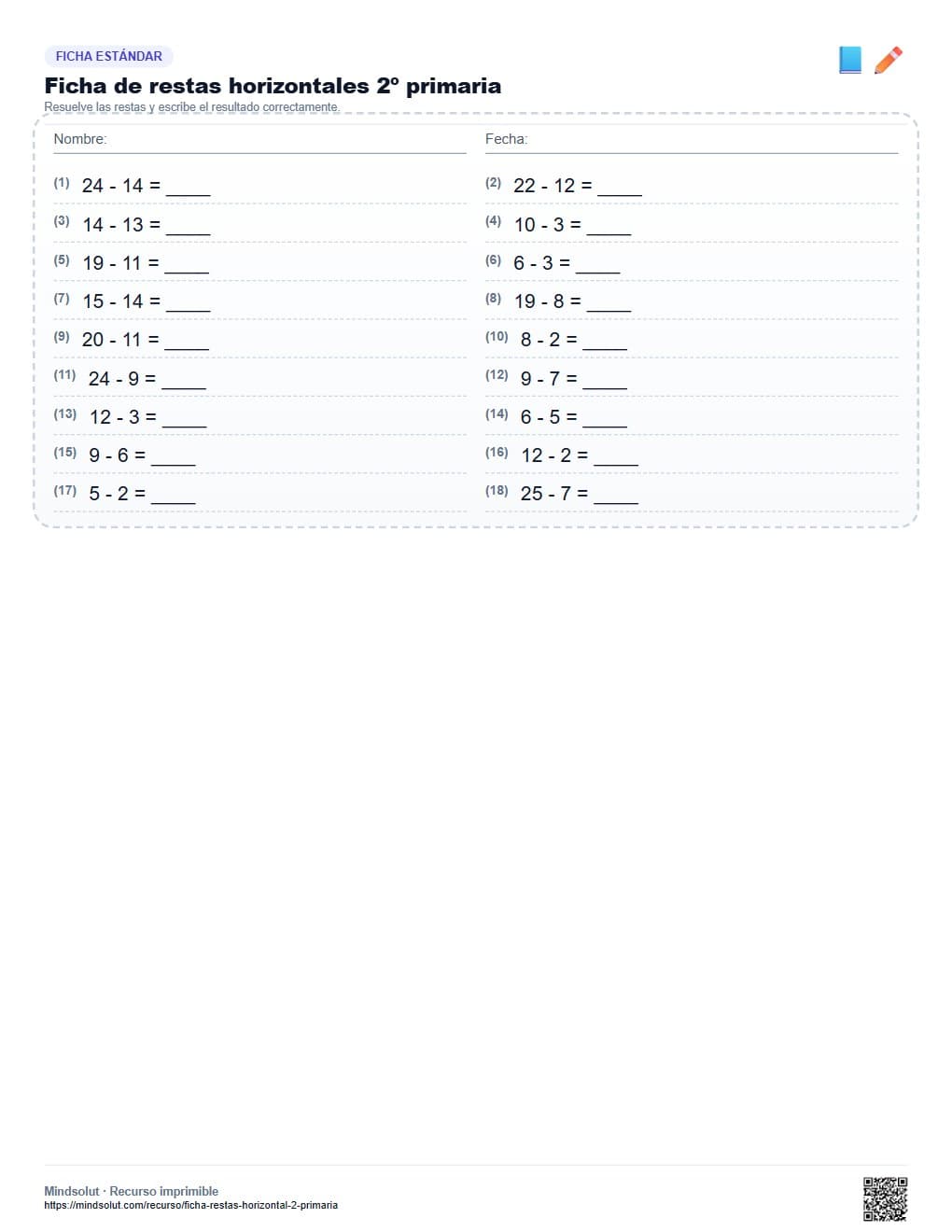 Ficha de restas horizontales 2º primaria