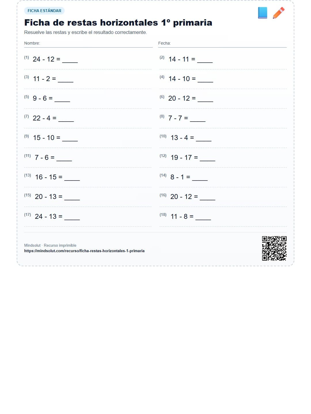Ficha de restas horizontales 1º primaria