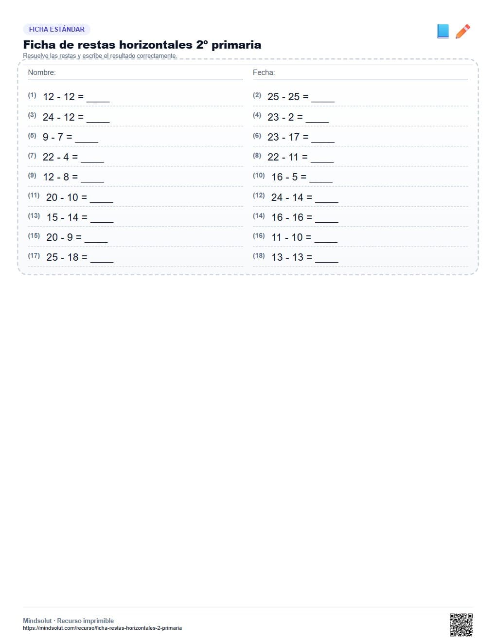 Ficha de restas horizontales 2º primaria