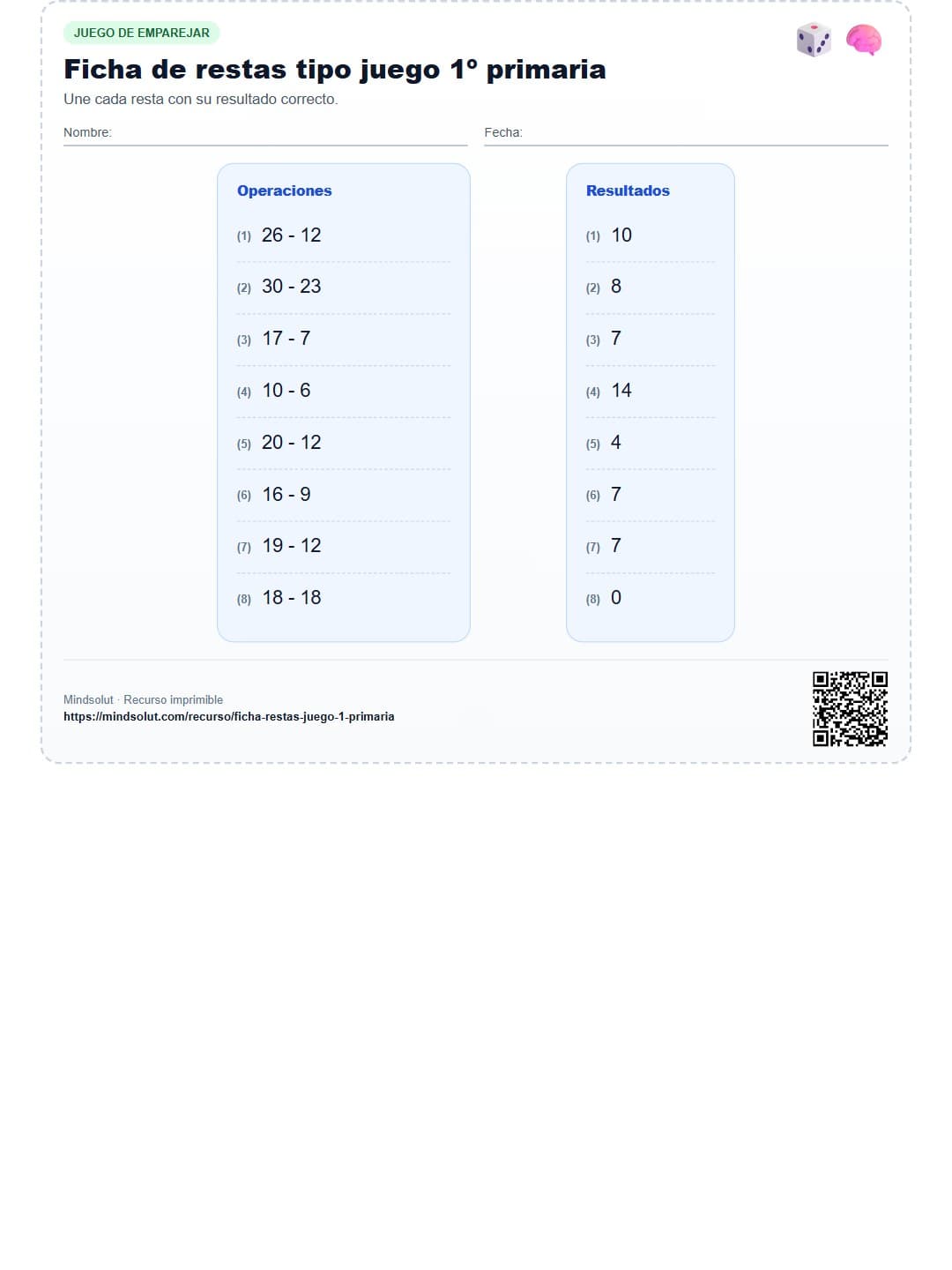 Ficha de restas tipo juego 1º primaria