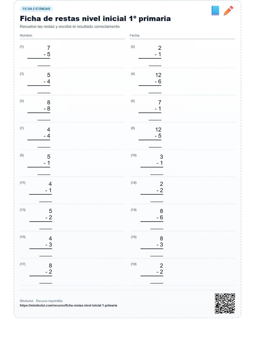 Ficha de restas nivel inicial 1º primaria