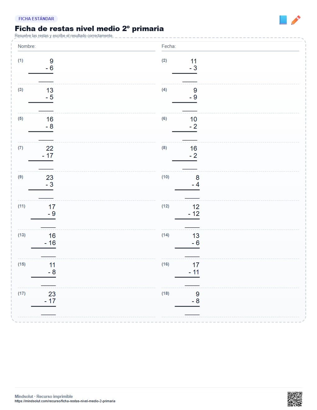 Ficha de restas nivel medio 2º primaria