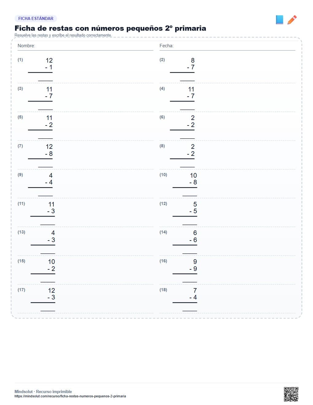 Ficha de restas con números pequeños 2º primaria