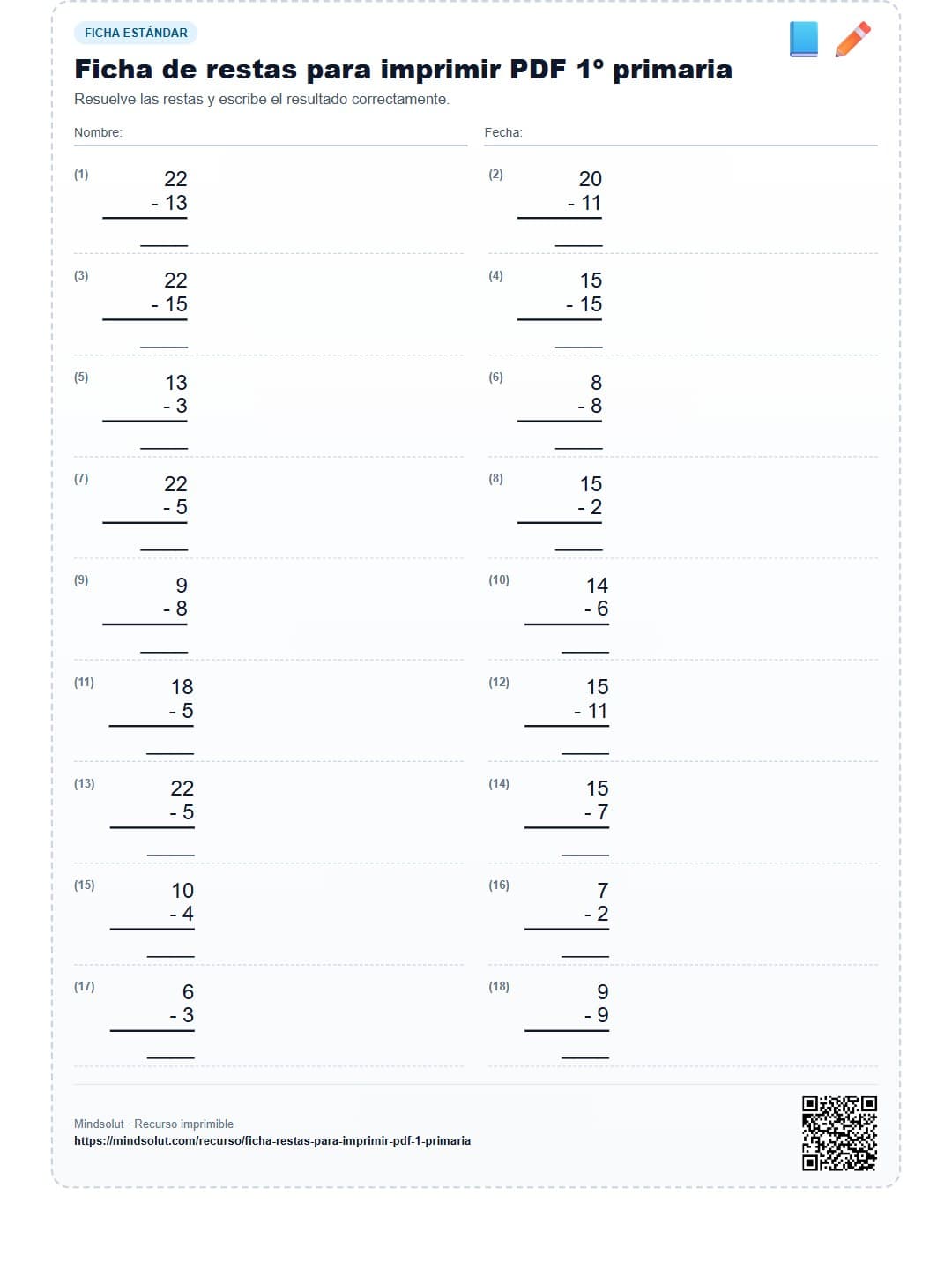 Ficha de restas para imprimir PDF 1º primaria