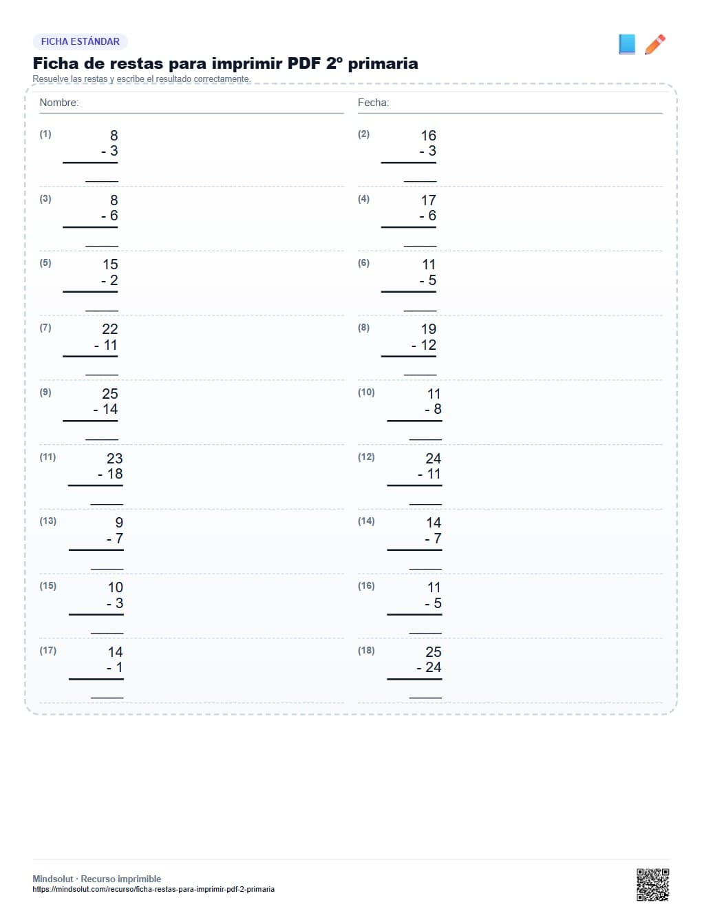 Ficha de restas para imprimir PDF 2º primaria