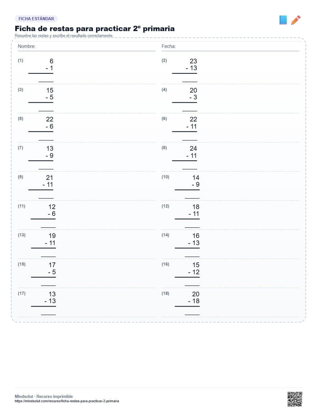 Ficha de restas para practicar 2º primaria