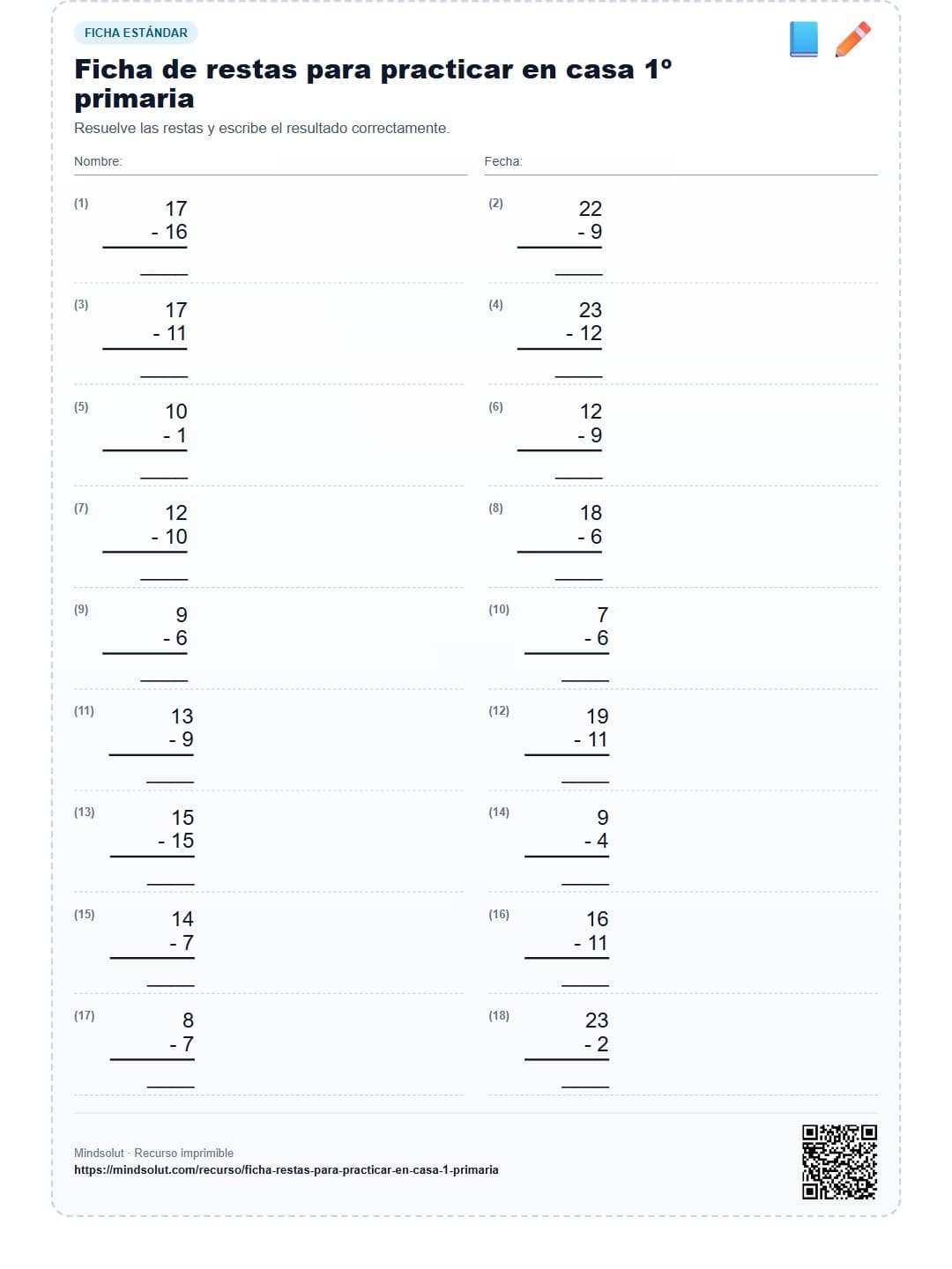 Ficha de restas para practicar en casa 1º primaria