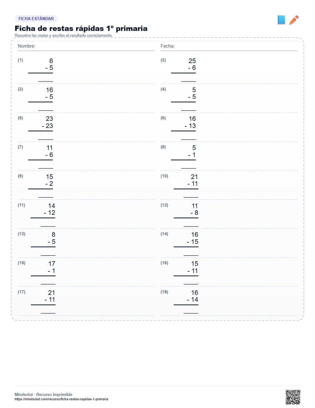 Ficha de restas rápidas 1º primaria