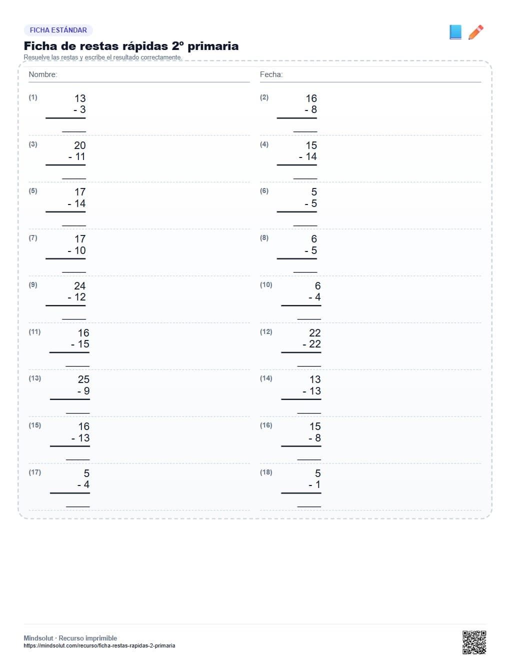 Ficha de restas rápidas 2º primaria