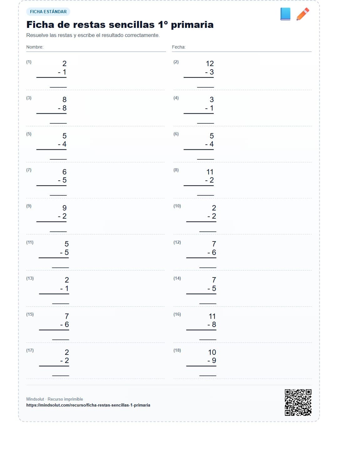 Ficha de restas sencillas 1º primaria