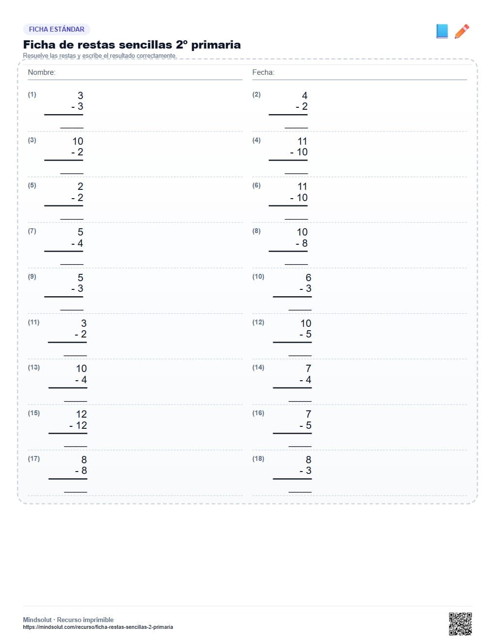 Ficha de restas sencillas 2º primaria