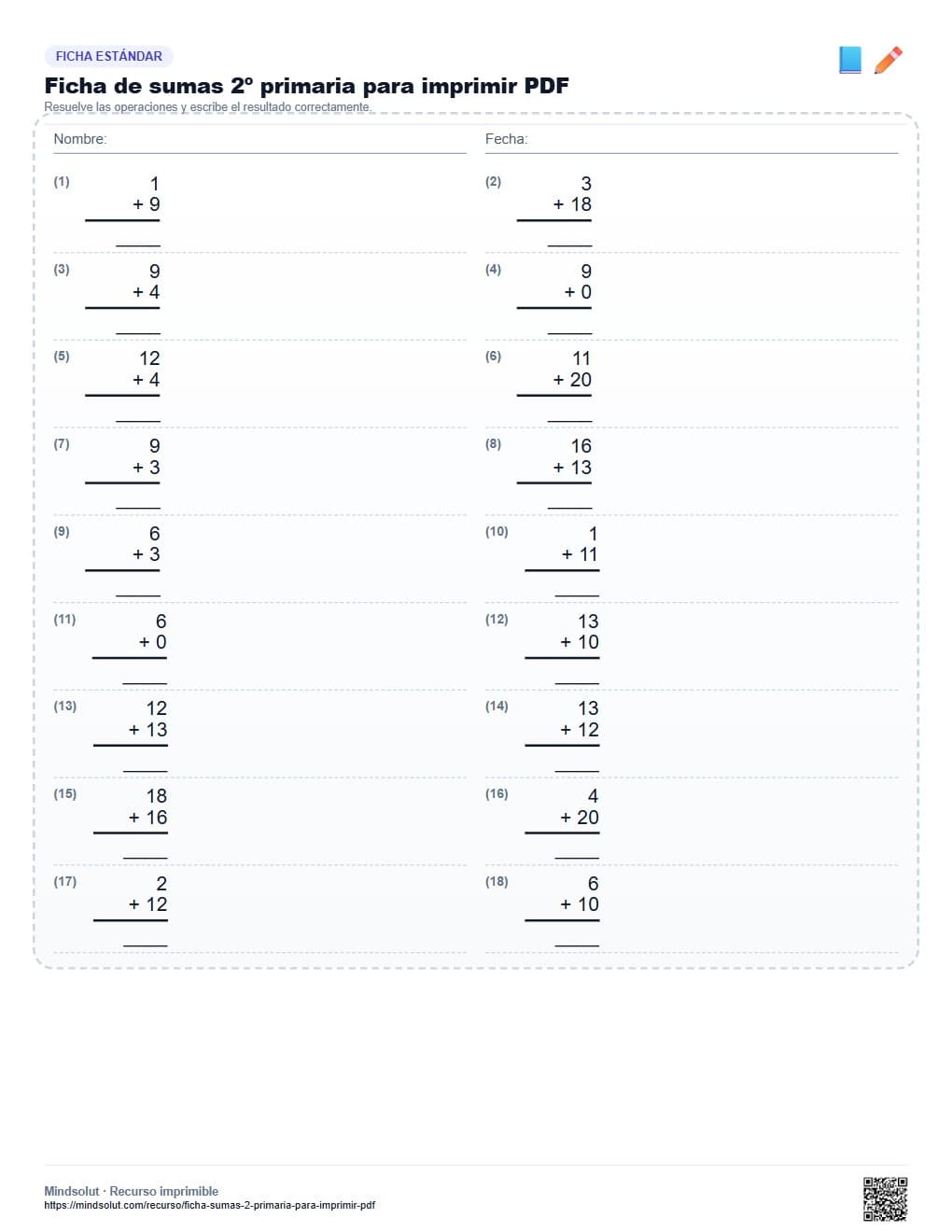 Ficha de sumas 2º primaria para imprimir PDF