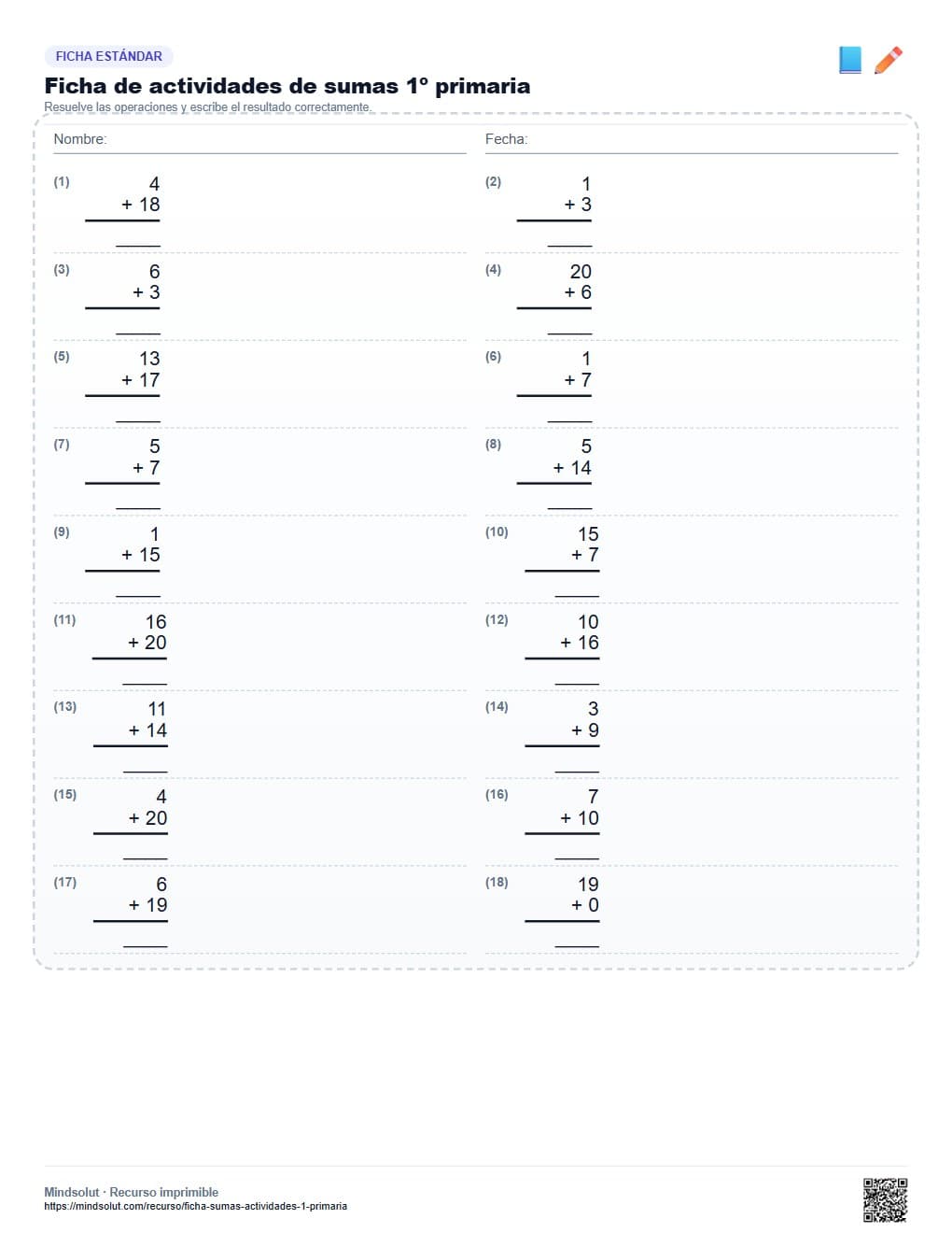 Ficha de actividades de sumas 1º primaria