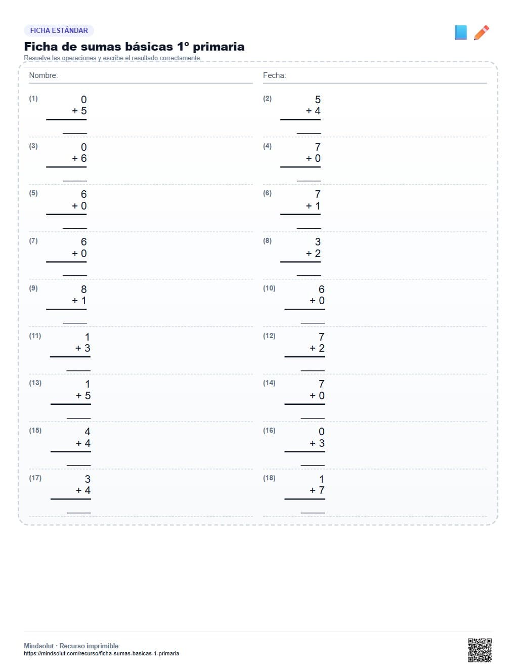 Ficha de sumas básicas 1º primaria