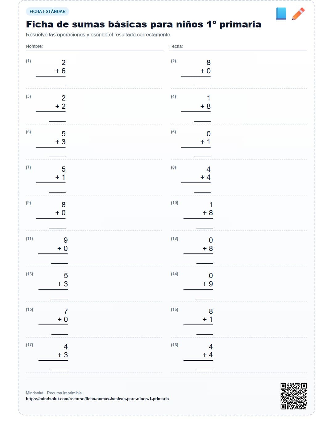 Ficha de sumas básicas para niños 1º primaria