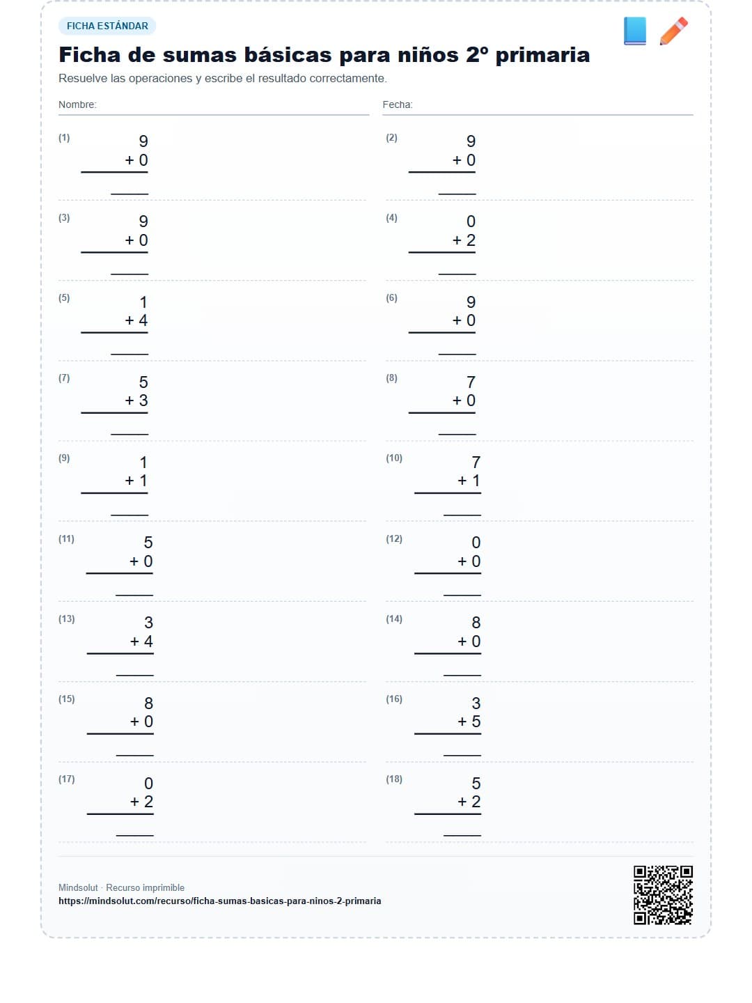 Ficha de sumas básicas para niños 2º primaria