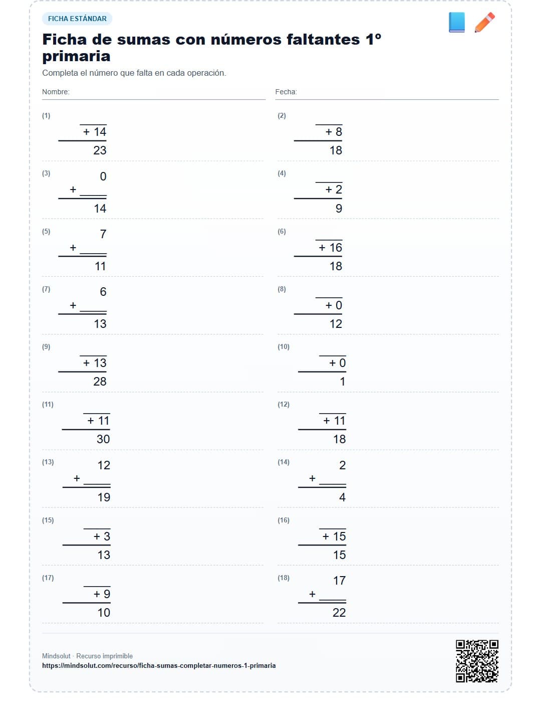 Ficha de sumas con números faltantes 1º primaria