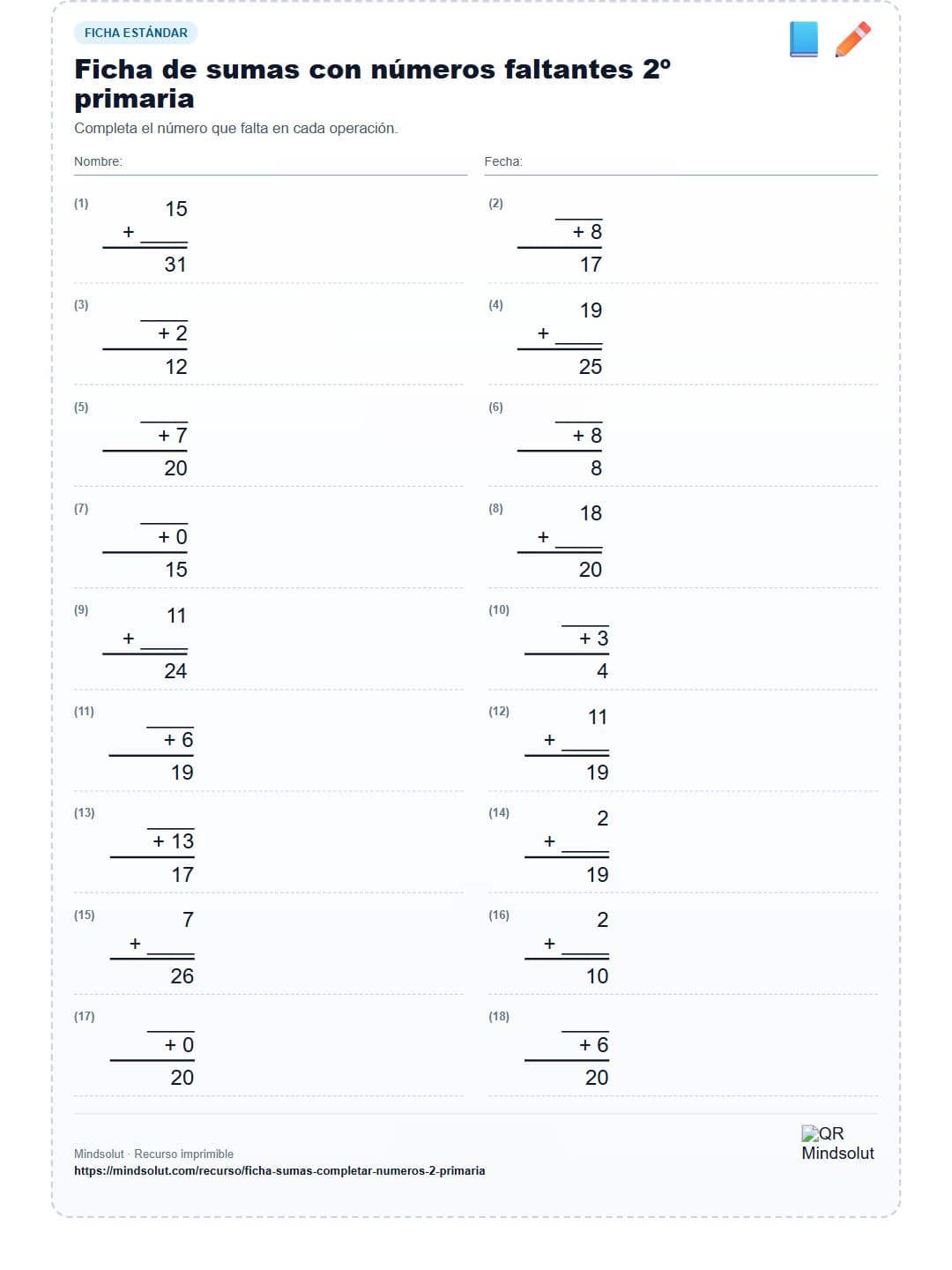 Ficha de sumas con números faltantes 2º primaria