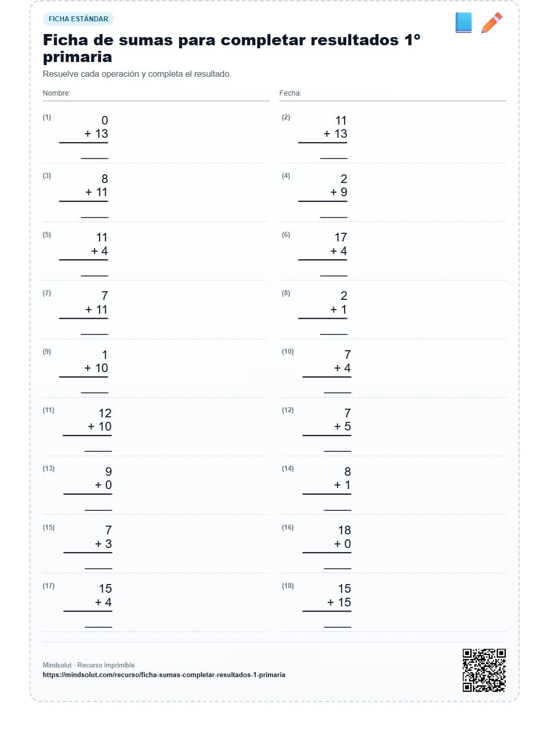 Ficha de sumas para completar resultados 1º primaria