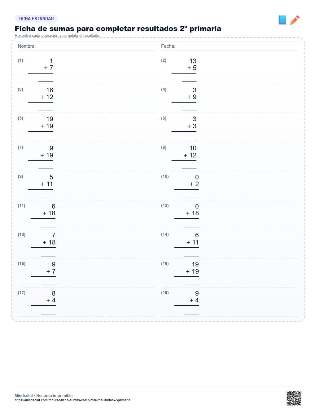 Ficha de sumas para completar resultados 2º primaria