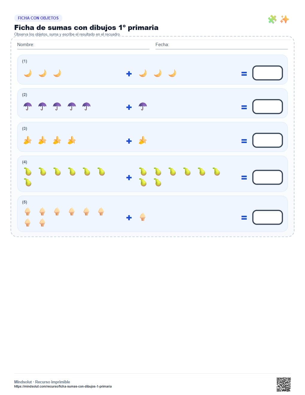Ficha de sumas con dibujos 1º primaria