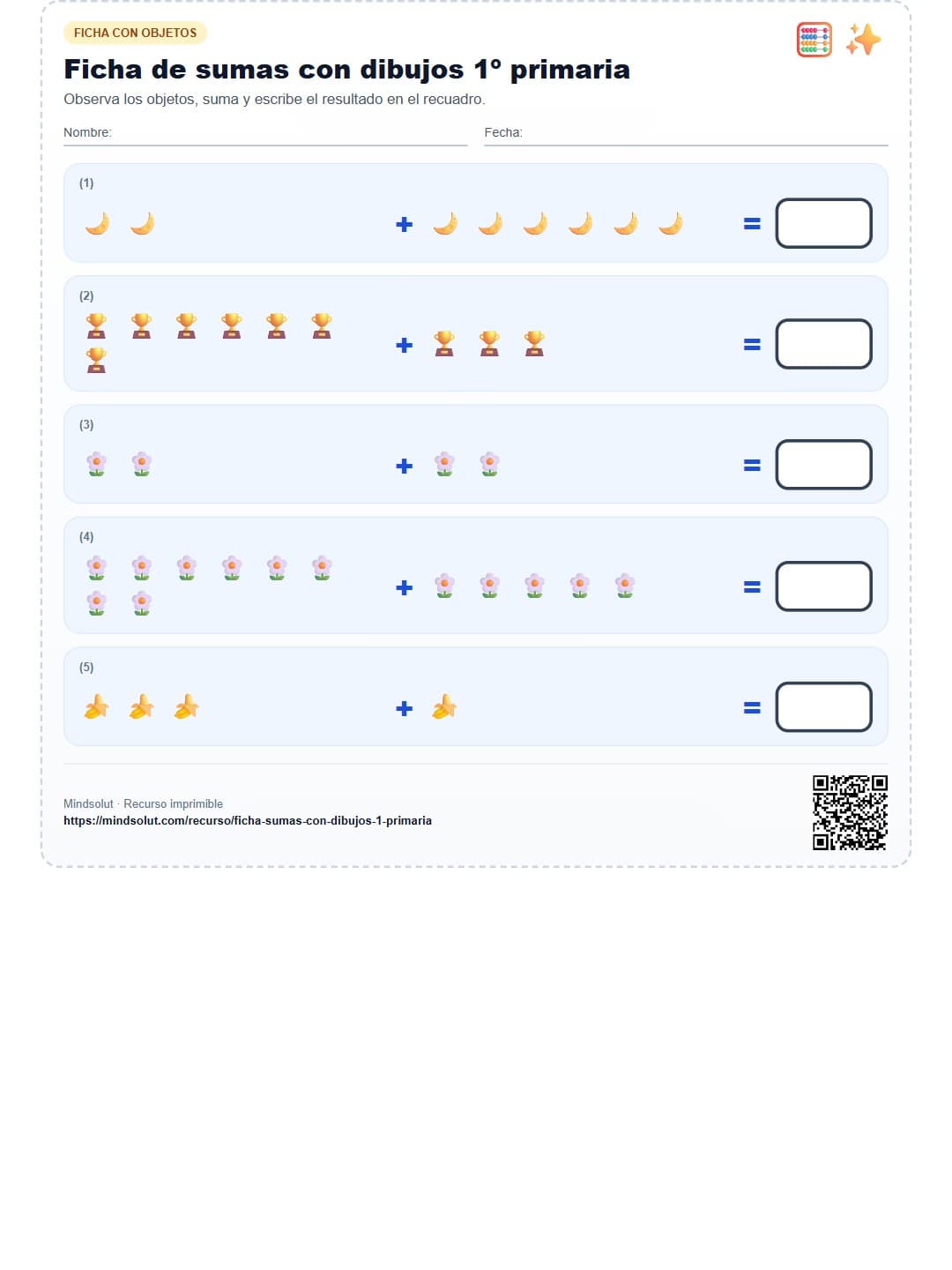 Ficha de sumas con dibujos 1º primaria