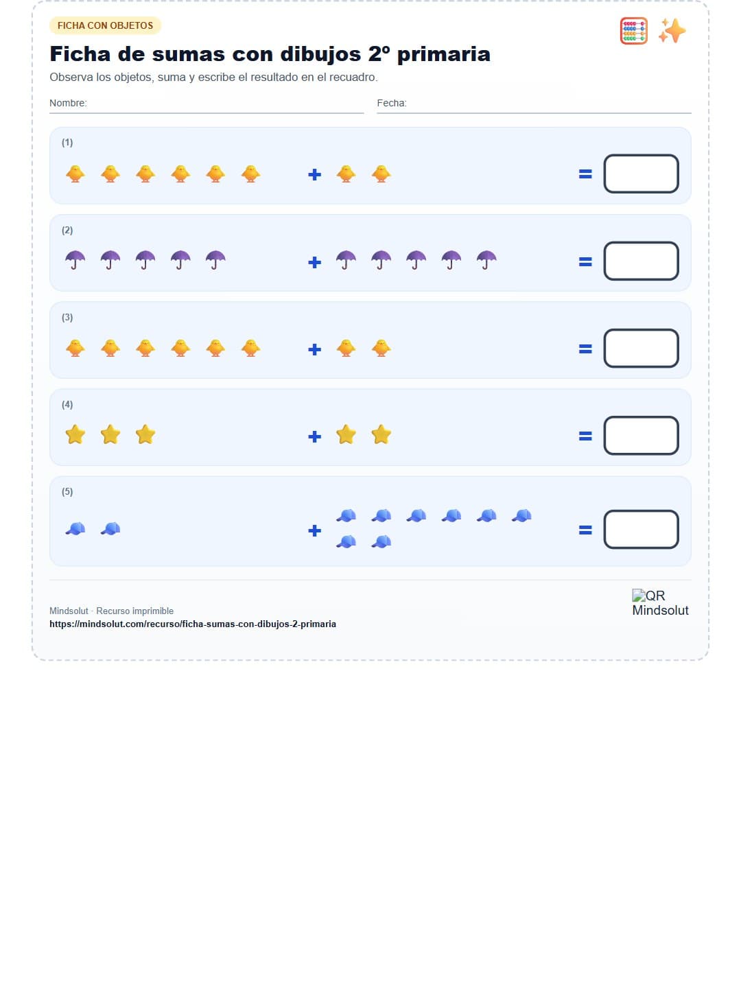 Ficha de sumas con dibujos 2º primaria