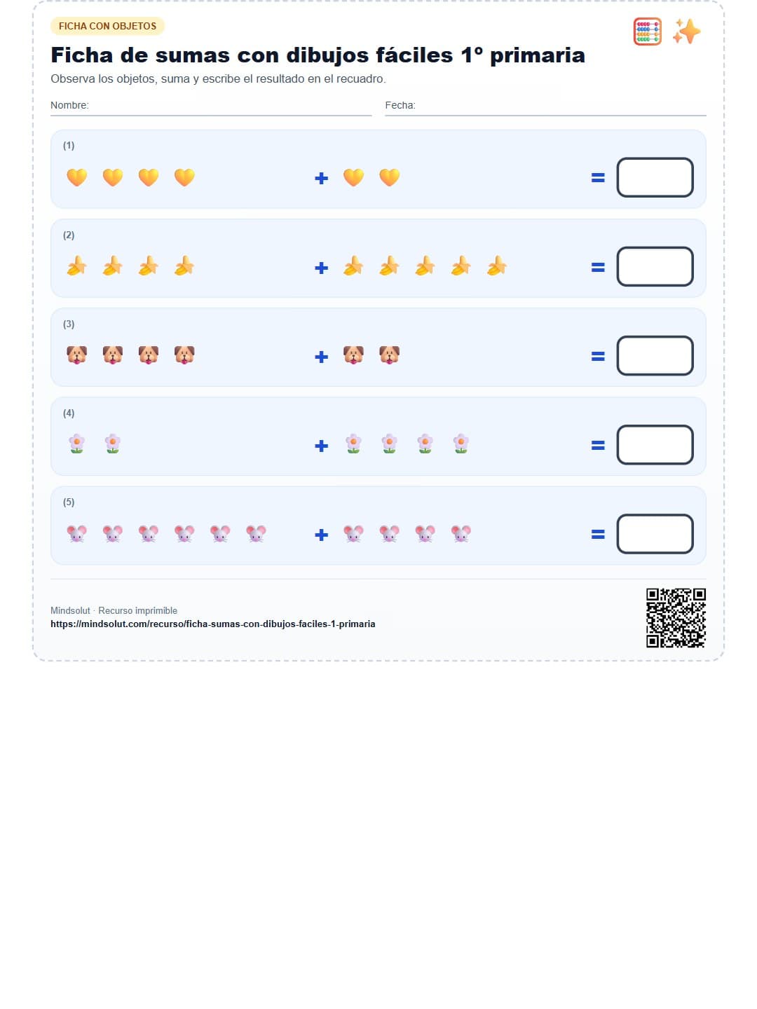 Ficha de sumas con dibujos fáciles 1º primaria