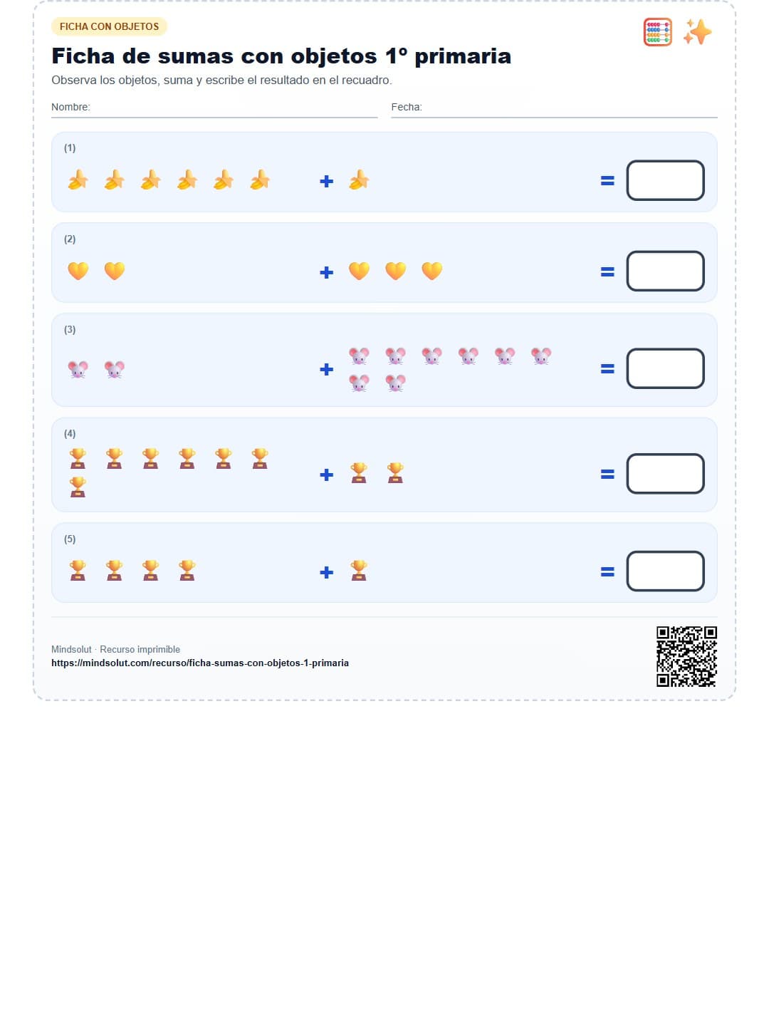 Ficha de sumas con objetos 1º primaria