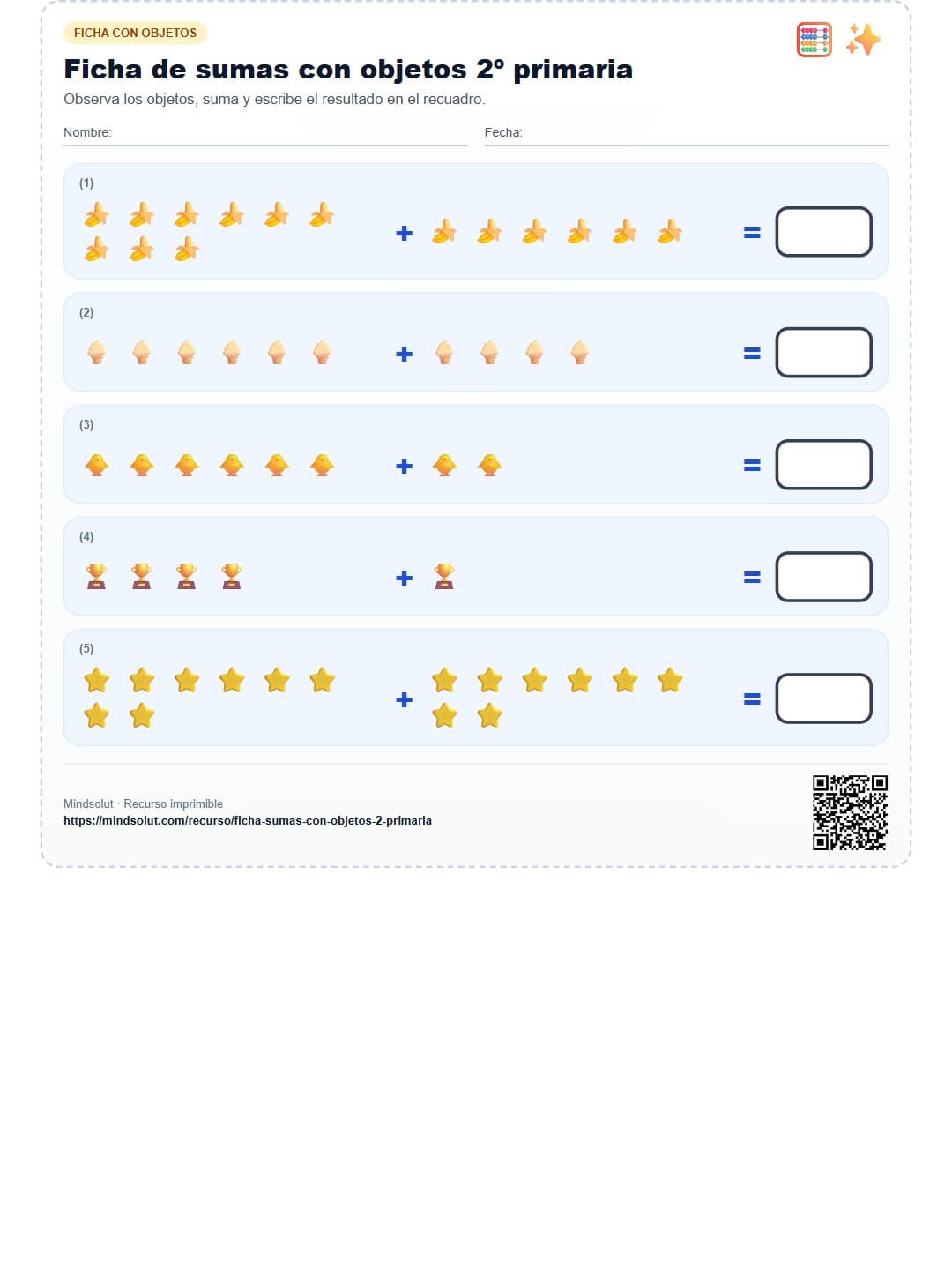 Ficha de sumas con objetos 2º primaria