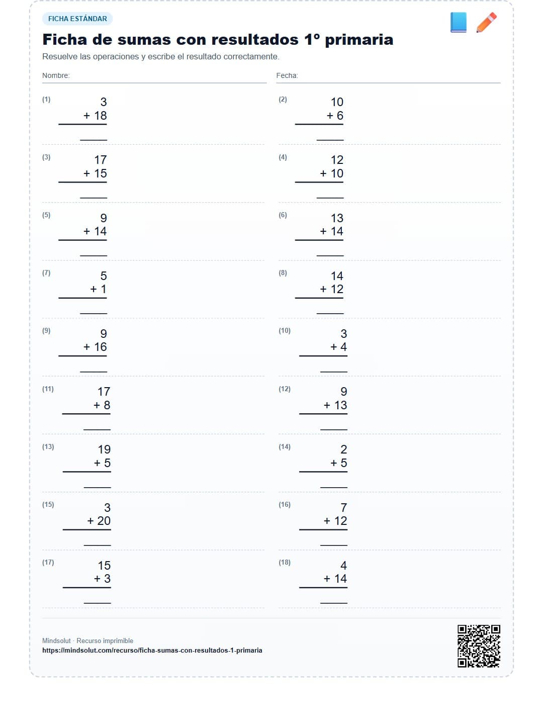 Ficha de sumas con resultados 1º primaria